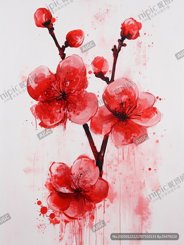 水墨红花
