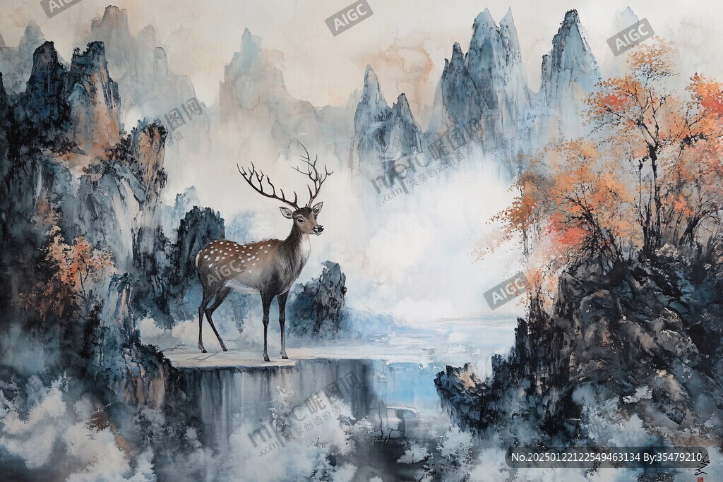 山峰山水画油画梅花鹿