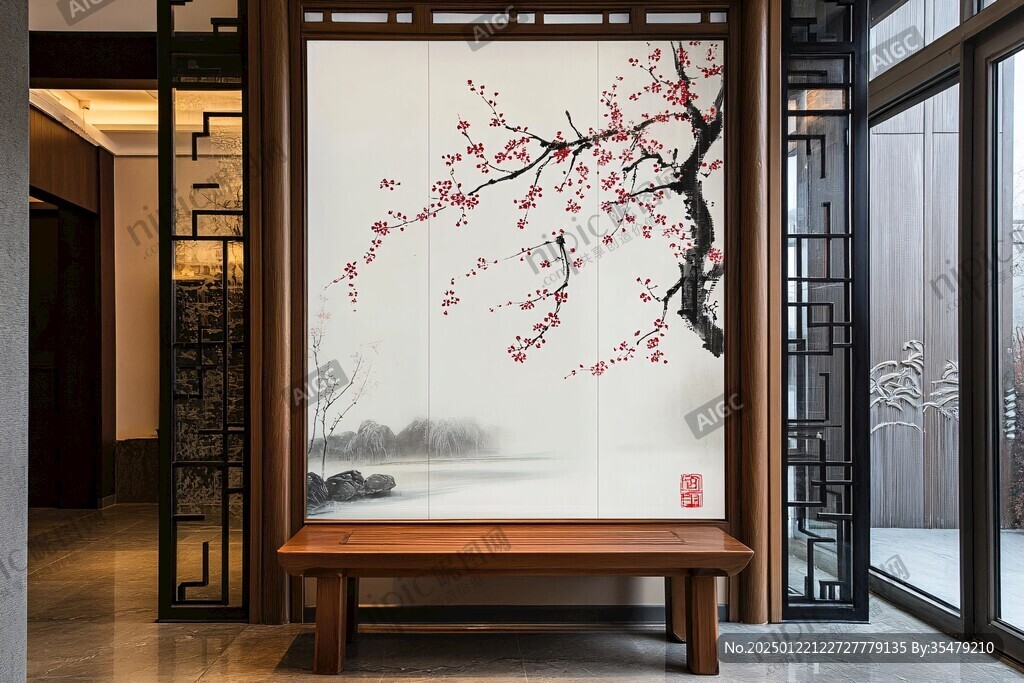 酒店客厅走廊梅花花鸟