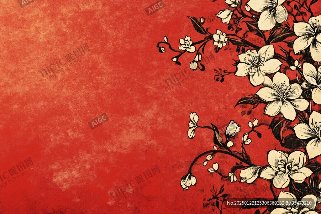 新中式手绘红色花鸟