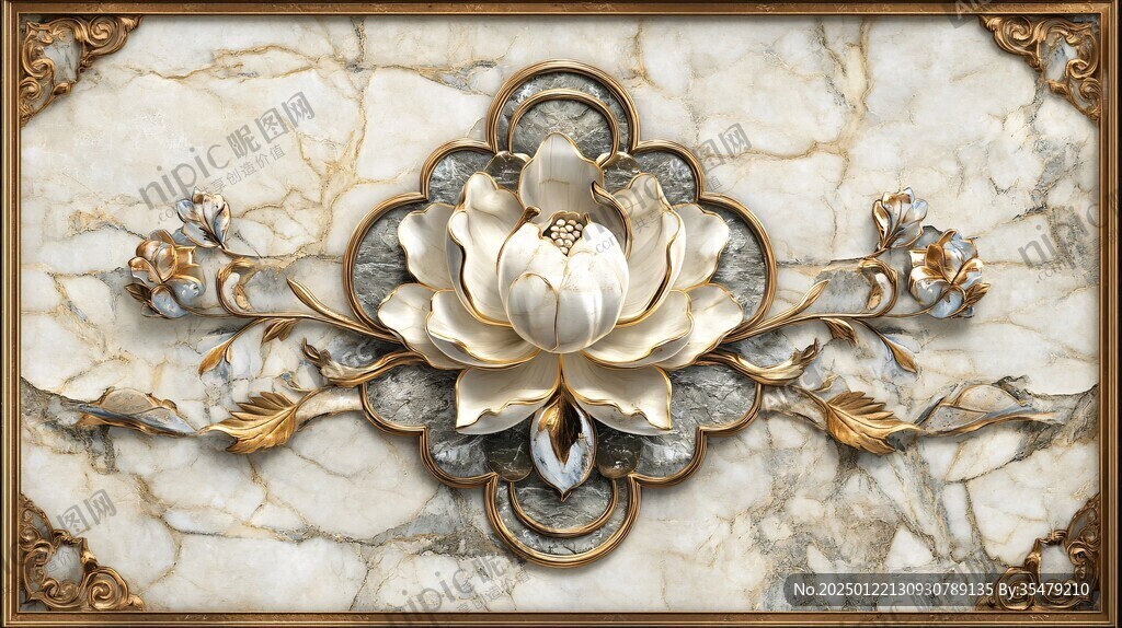 古典荷花壁画大理石纹