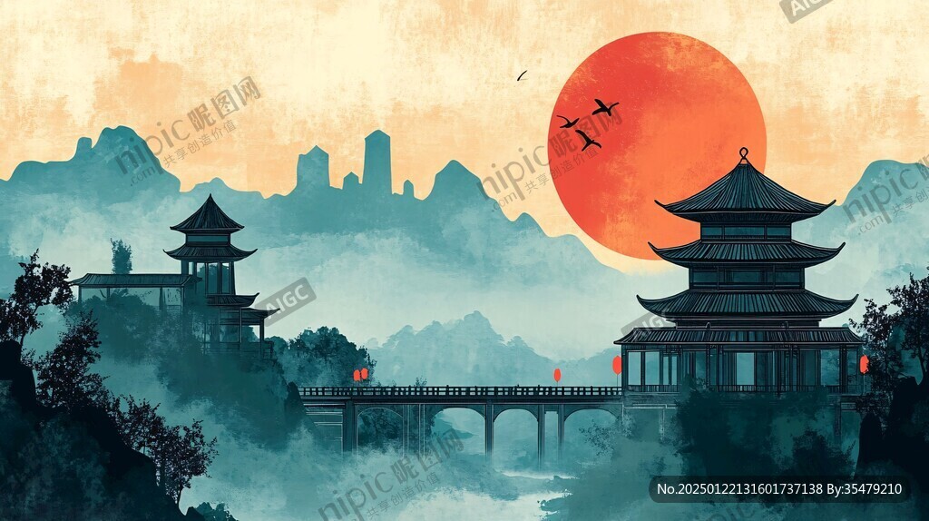 仙鹤楼阁古风山水画