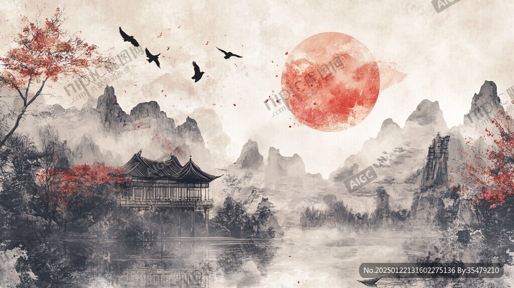 红日水墨山水