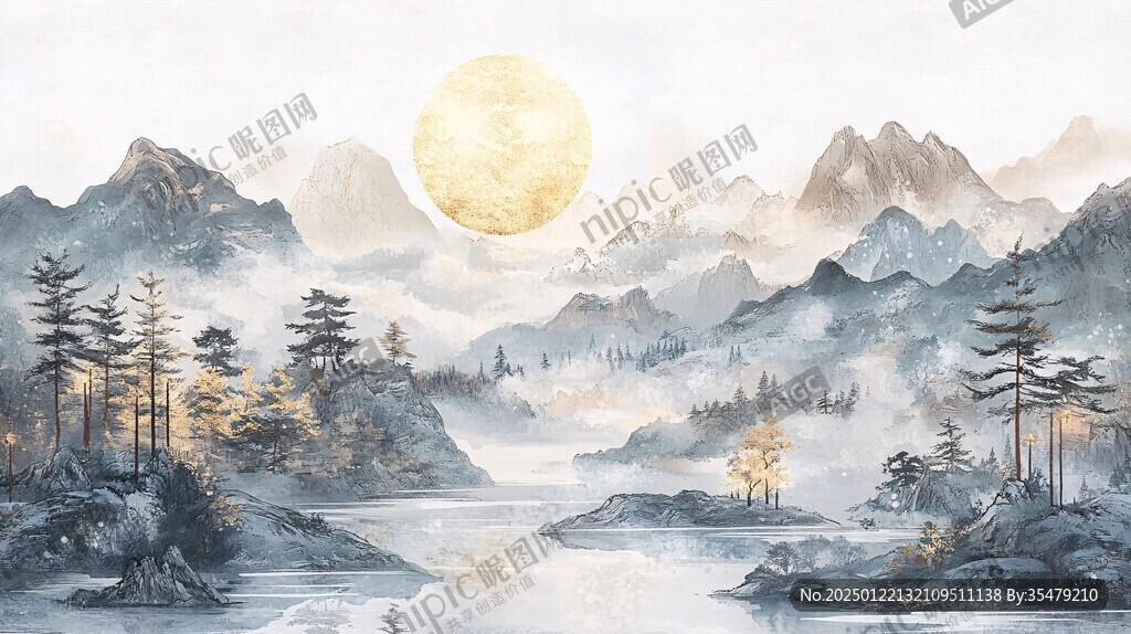 新中式水墨湖山秋月