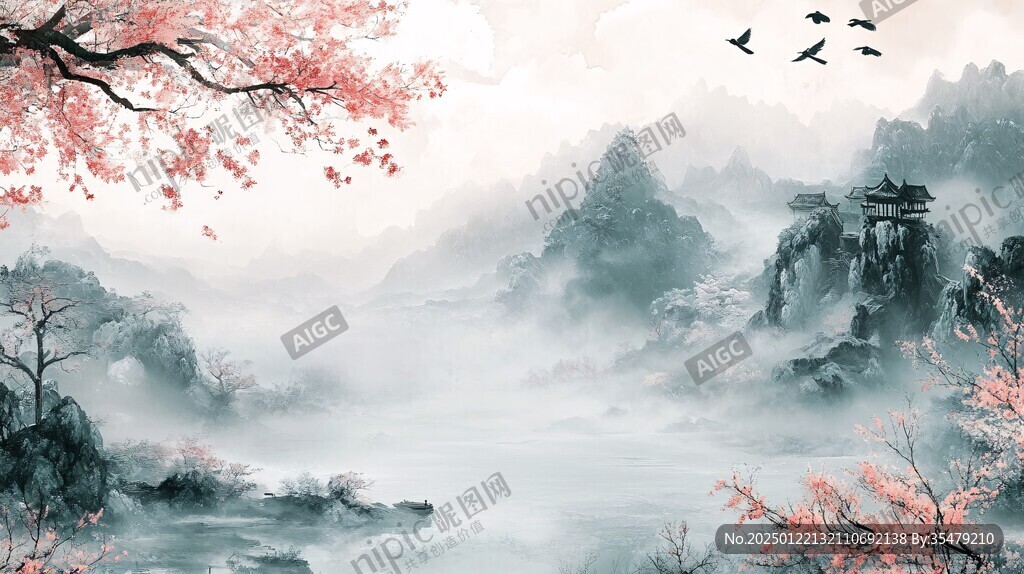 红叶古风山水画