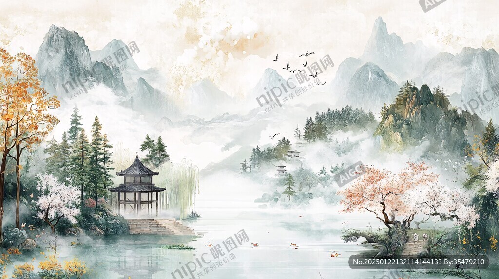 仙鹤楼阁古风山水画
