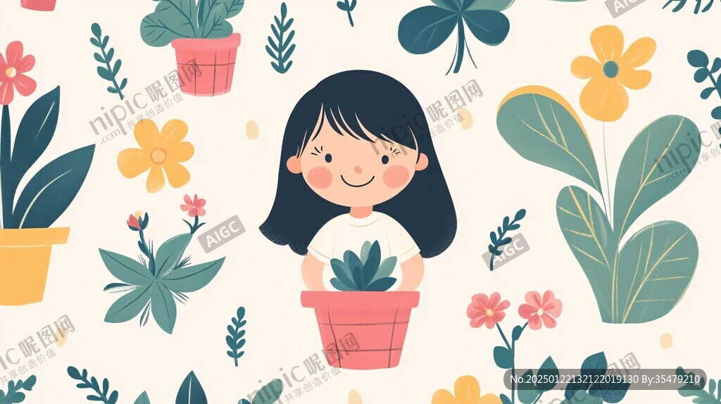 女孩捧花微笑插画