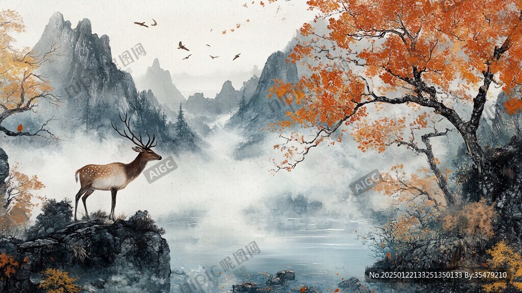 山峰山水画油画梅花鹿