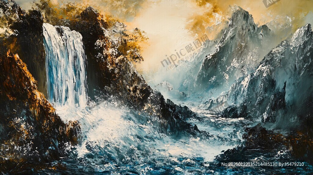 风雪流水山脉油画