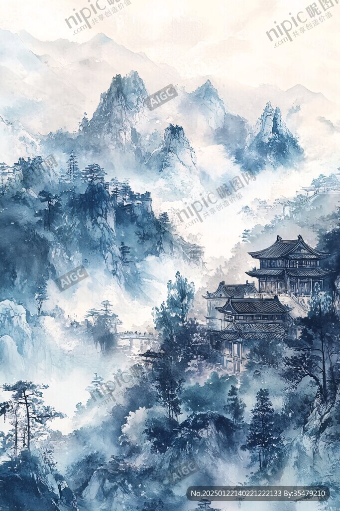 插画横店水彩水墨山水
