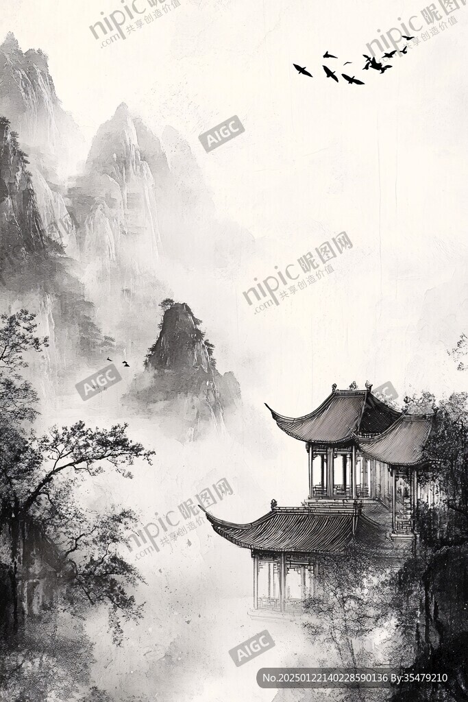 楼阁山水意境画