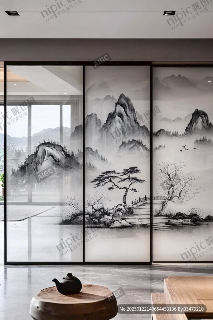 巨幅意境山水玻璃屏风