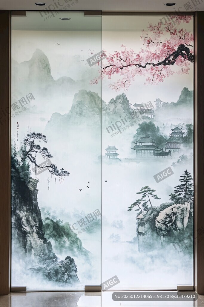山水画玻璃屏风