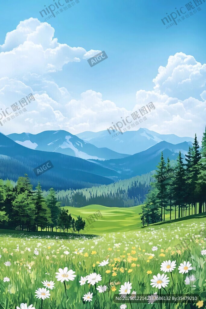 手绘森林山峰草地