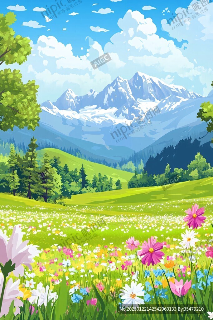 手绘森林山峰草地