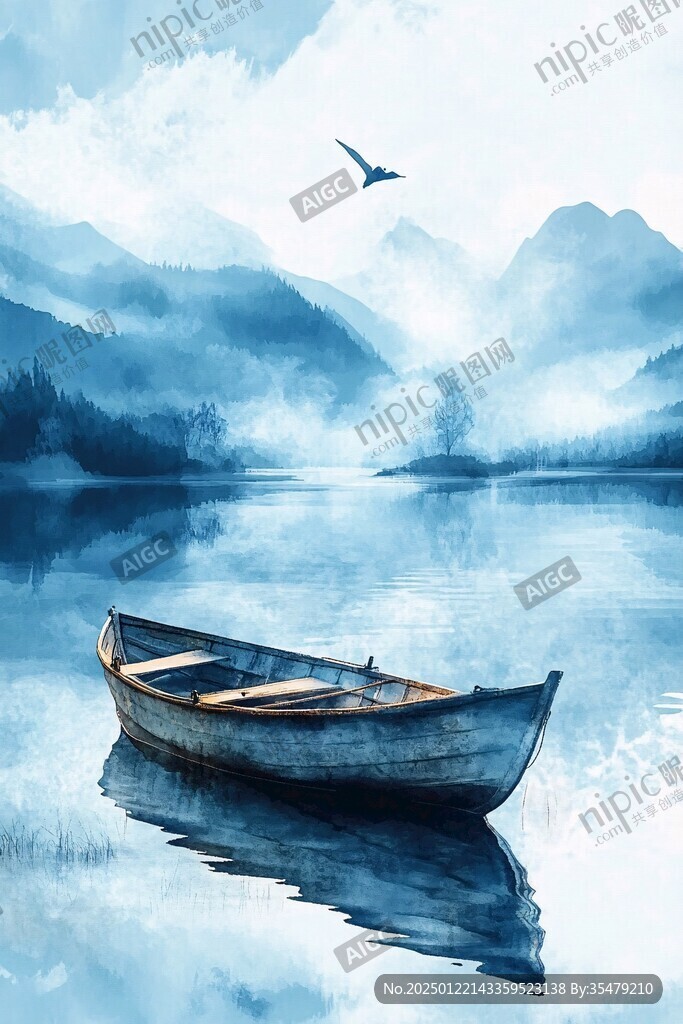 意境湖泊小船