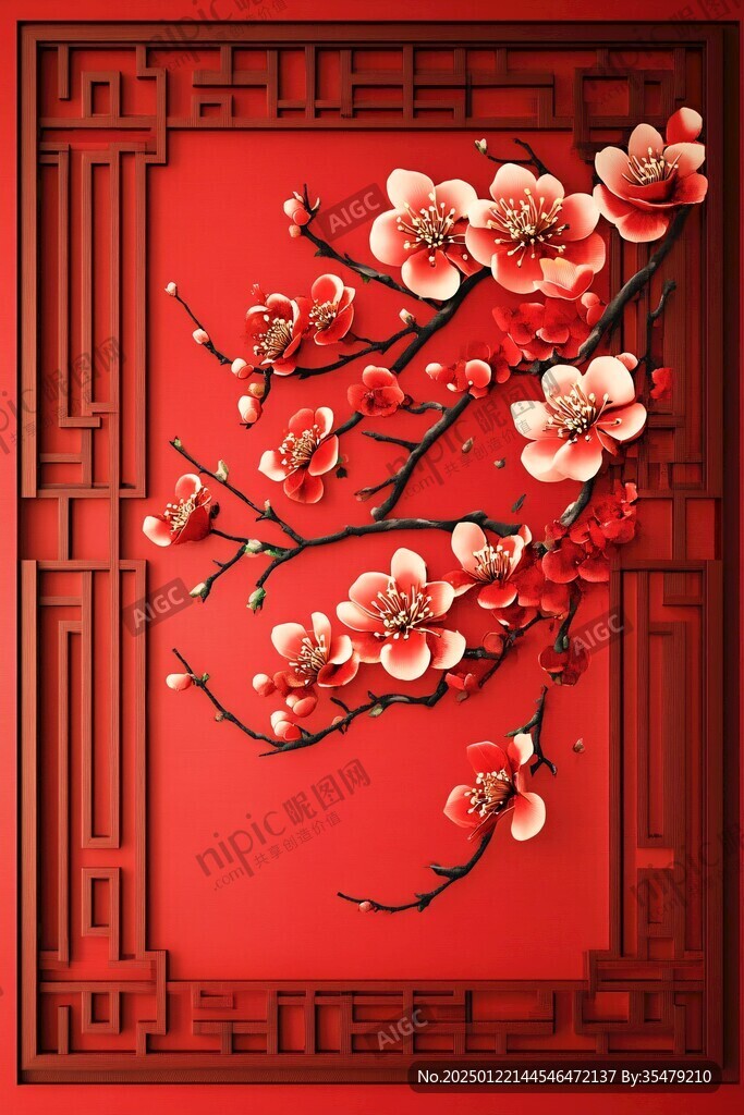 工笔手绘红墙梅花