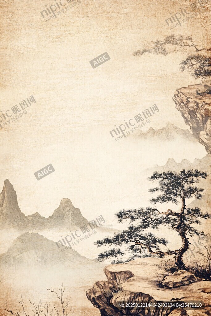 复古松树山水画