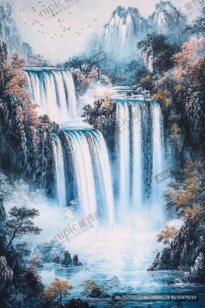 山水风景油画瀑布