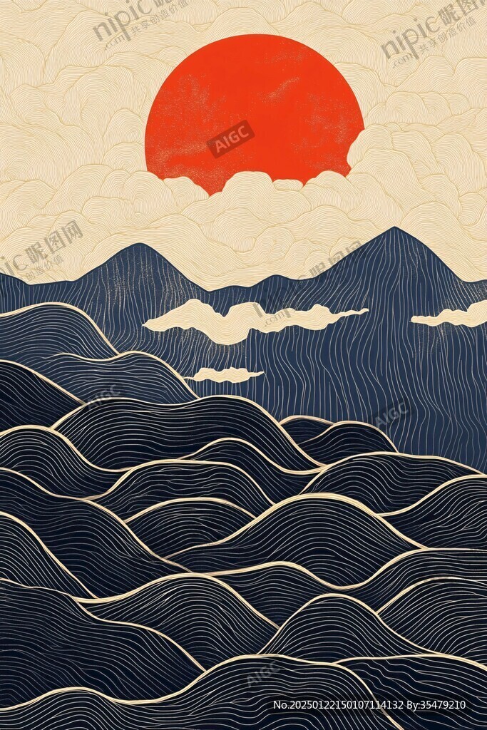 手绘海浪旭日东升