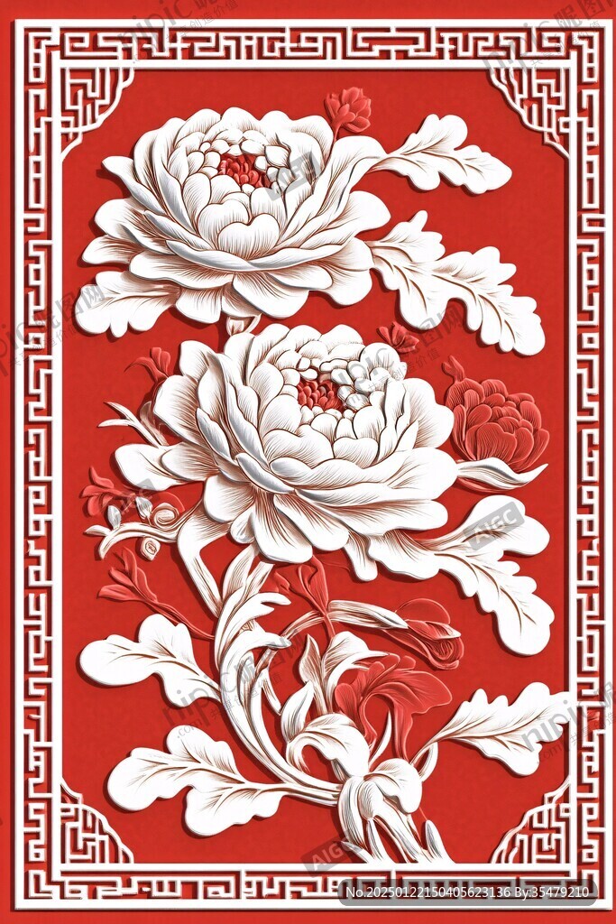 牡丹花鸟精雕图