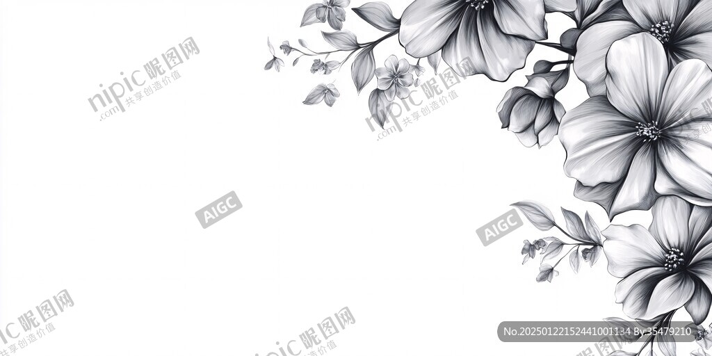 蓝白色花艺手绘