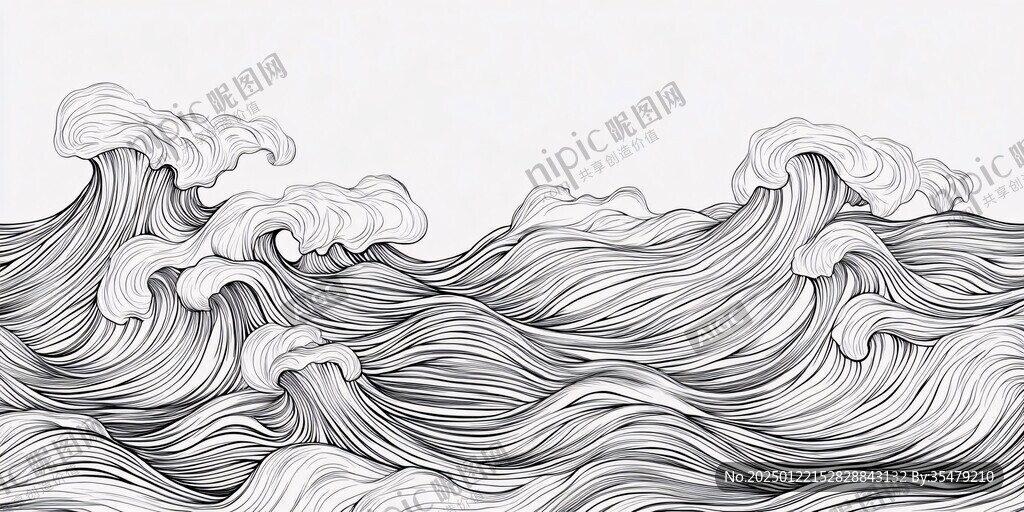 海浪纹线条白描