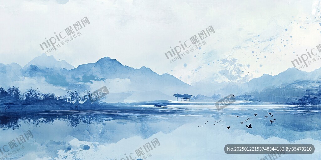蓝色风格水墨风光