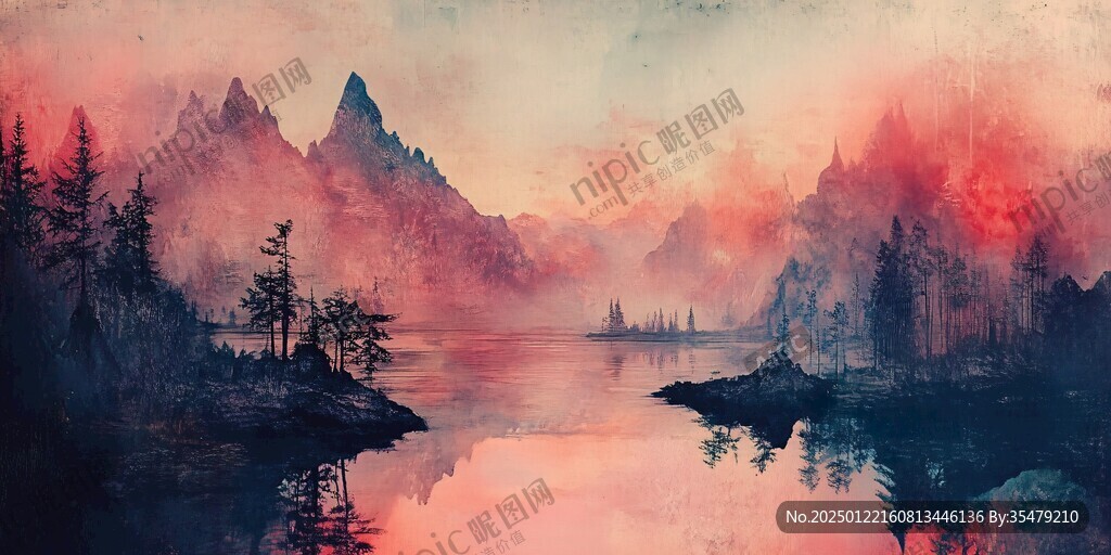 湖畔意境艺术画