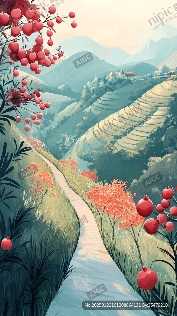 山水枸杞插画