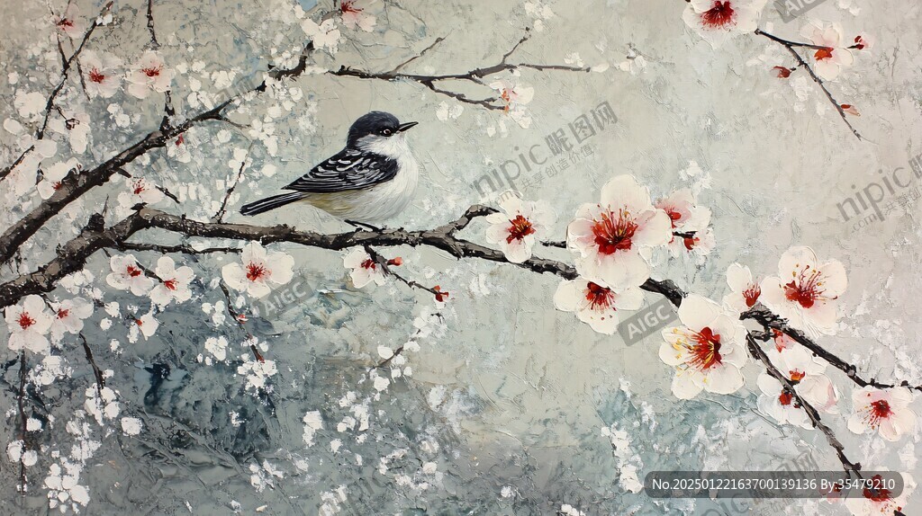 手绘水彩梅花花鸟壁画