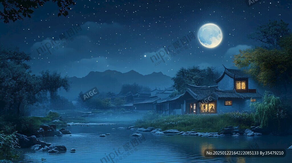 虎溪夜月景点插画