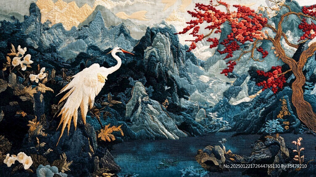 新中式山水仙鹤刺绣
