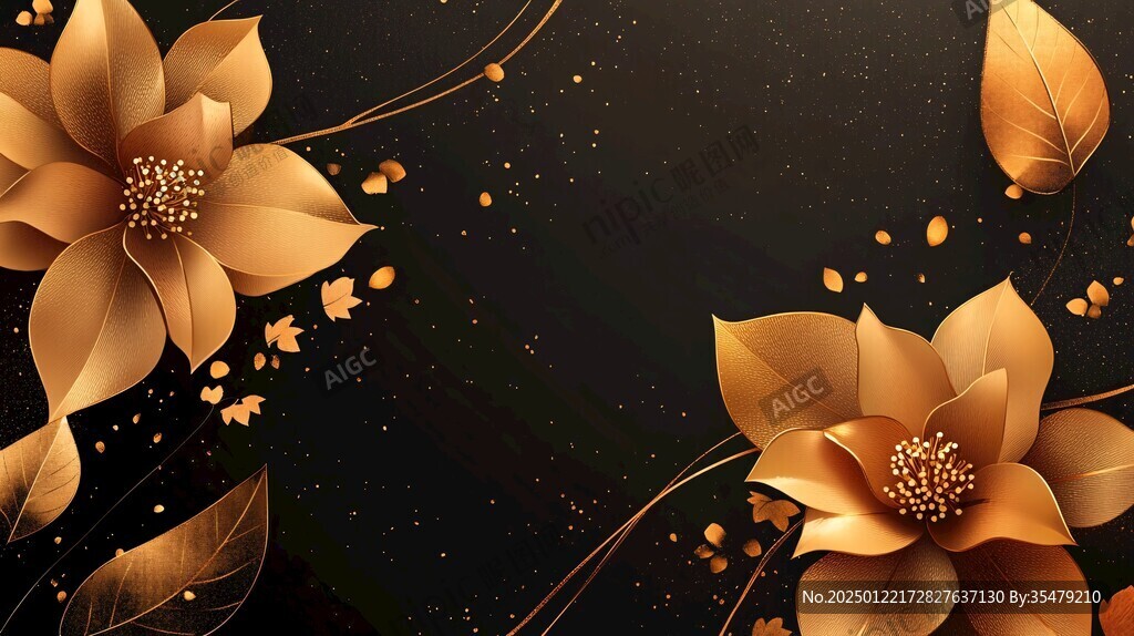 轻奢金色牡丹花线条