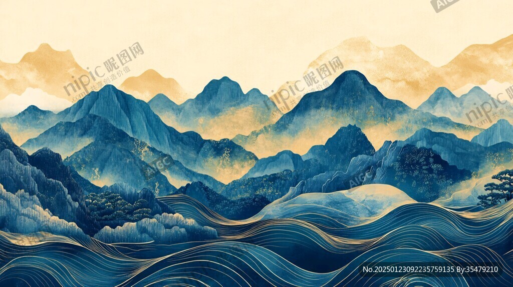高端山水线包装插画