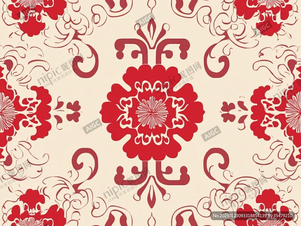红色手绘设计花布图案