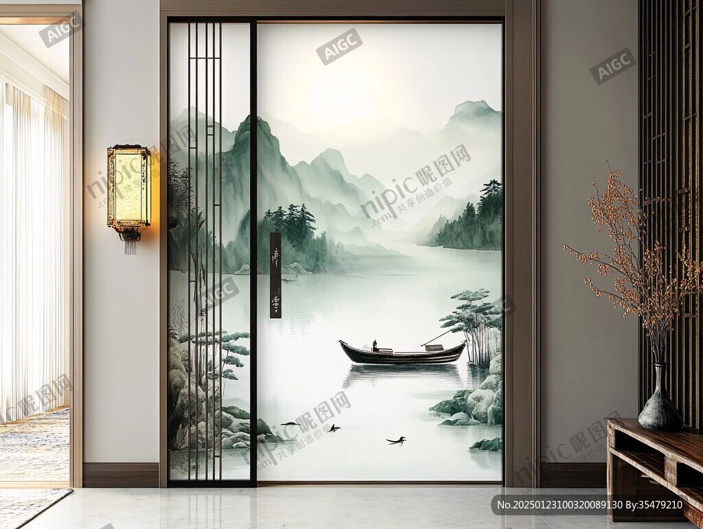 山水画玻璃屏风