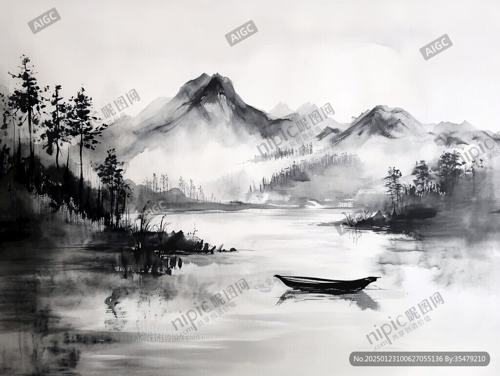 湖景水墨画