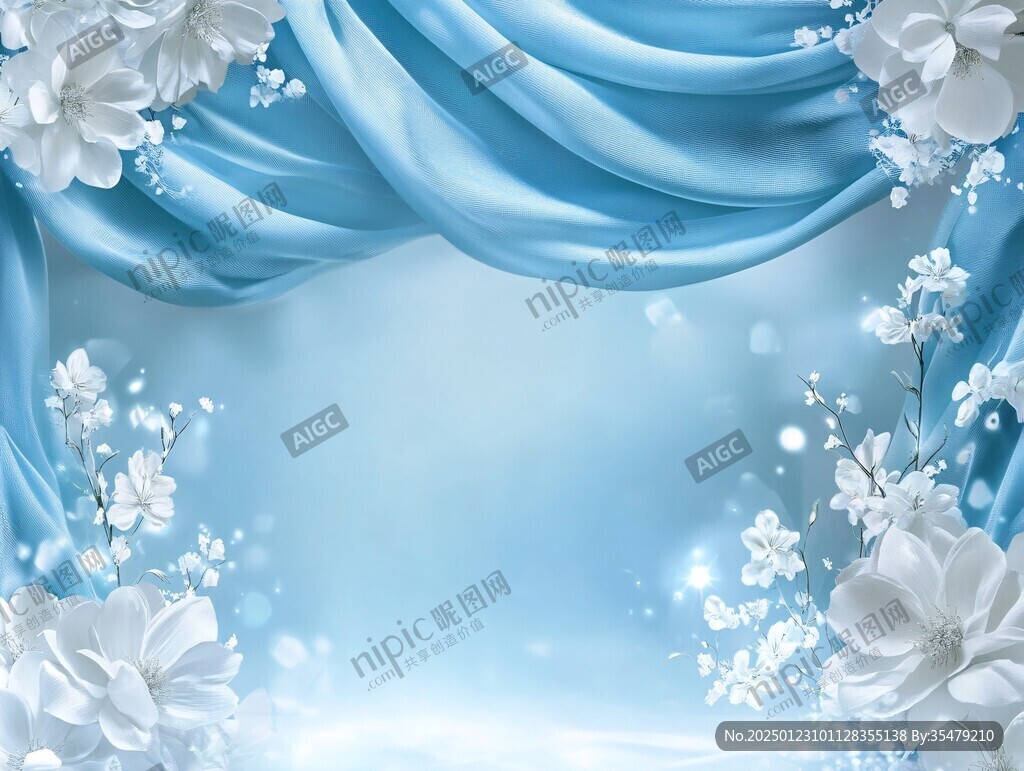蓝白色花艺手绘