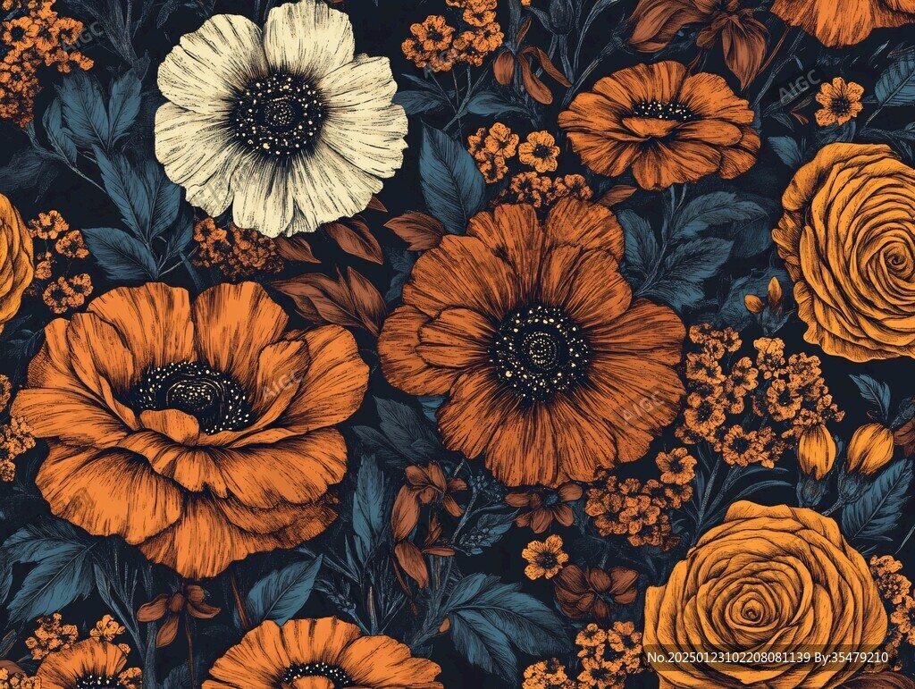 橙黄蓝花手绘