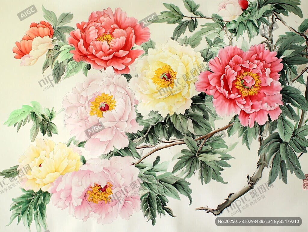 壁画牡丹花