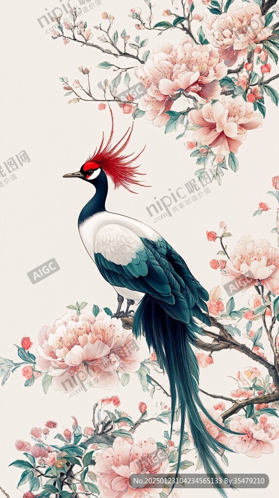 牡丹花仙鹤