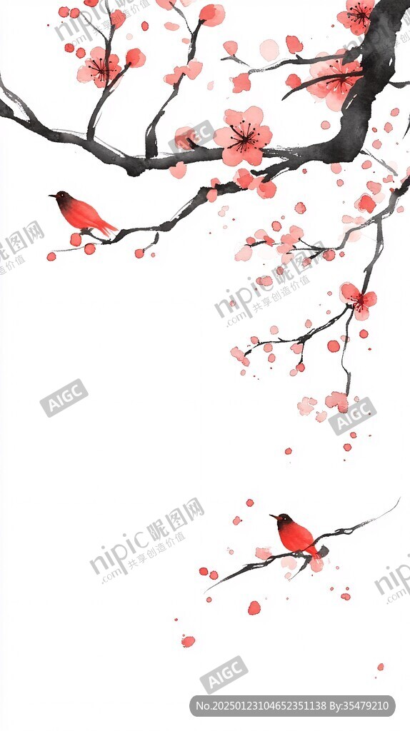 古风红梅花鸟插画