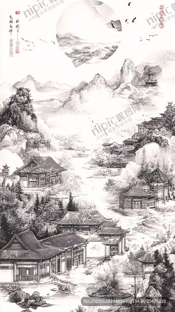 新中式楼阁山水