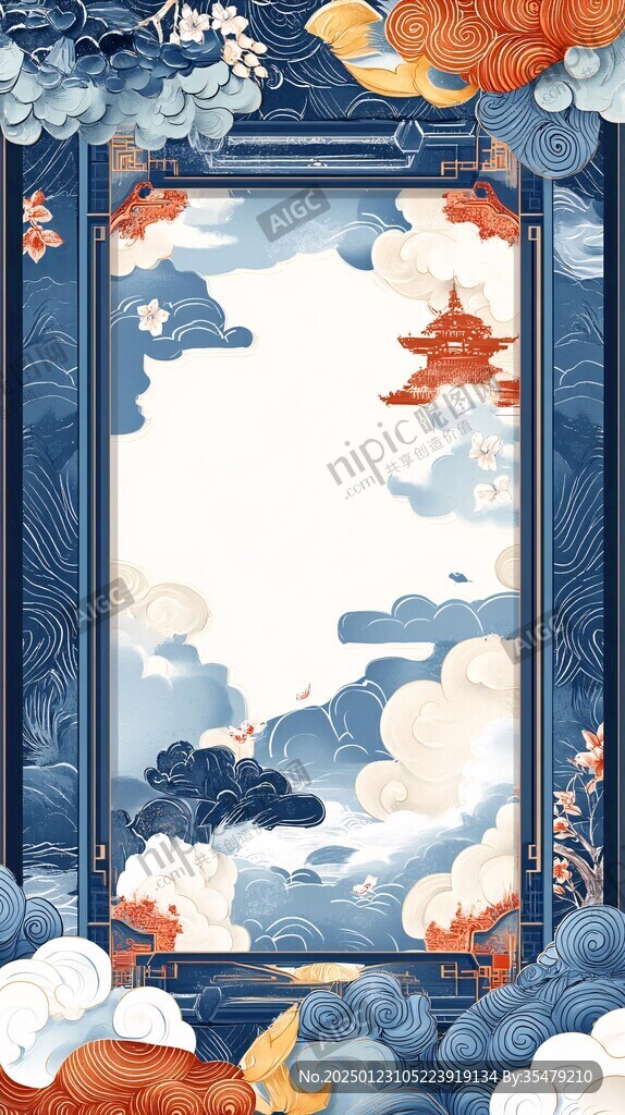 海浪仙鹤云纹中式背景