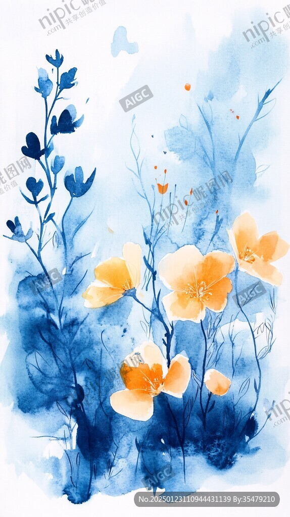 蓝色水墨花