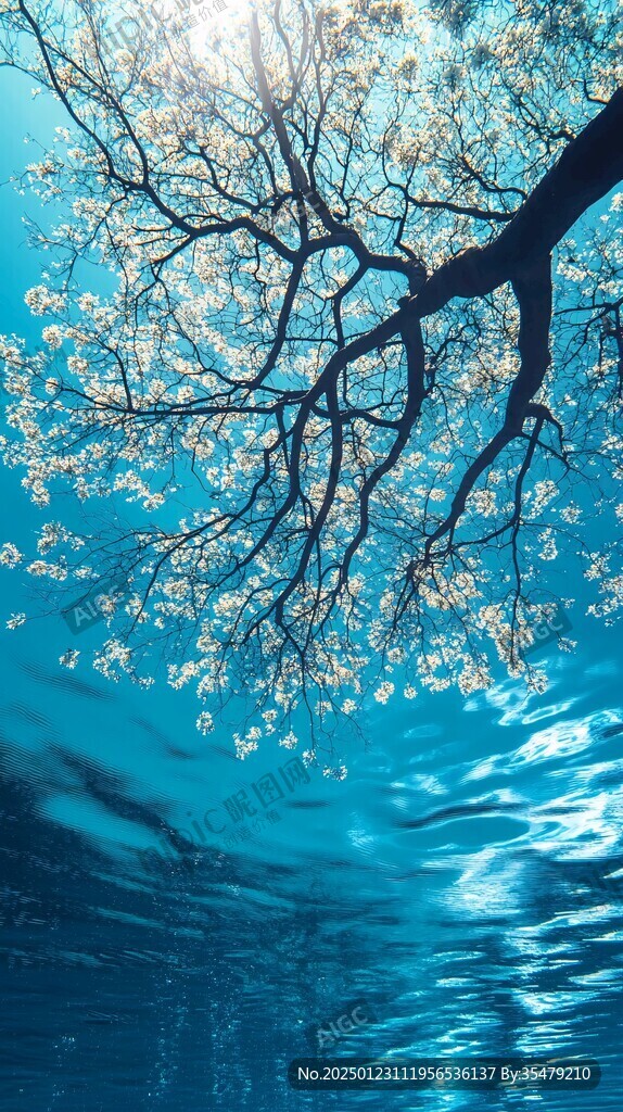 水面光影水墨树枝