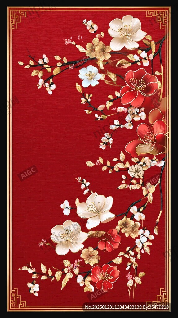 工笔手绘红墙梅花