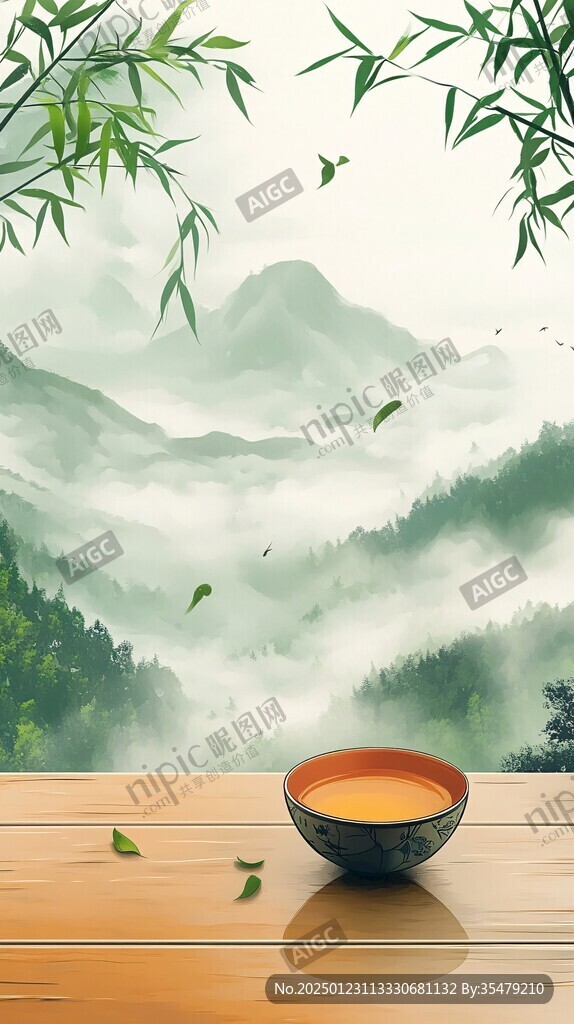 山水画茶树茶杯茶园
