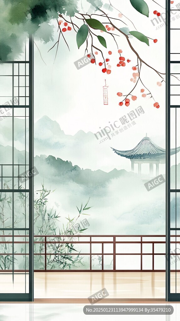 中式窗景插画